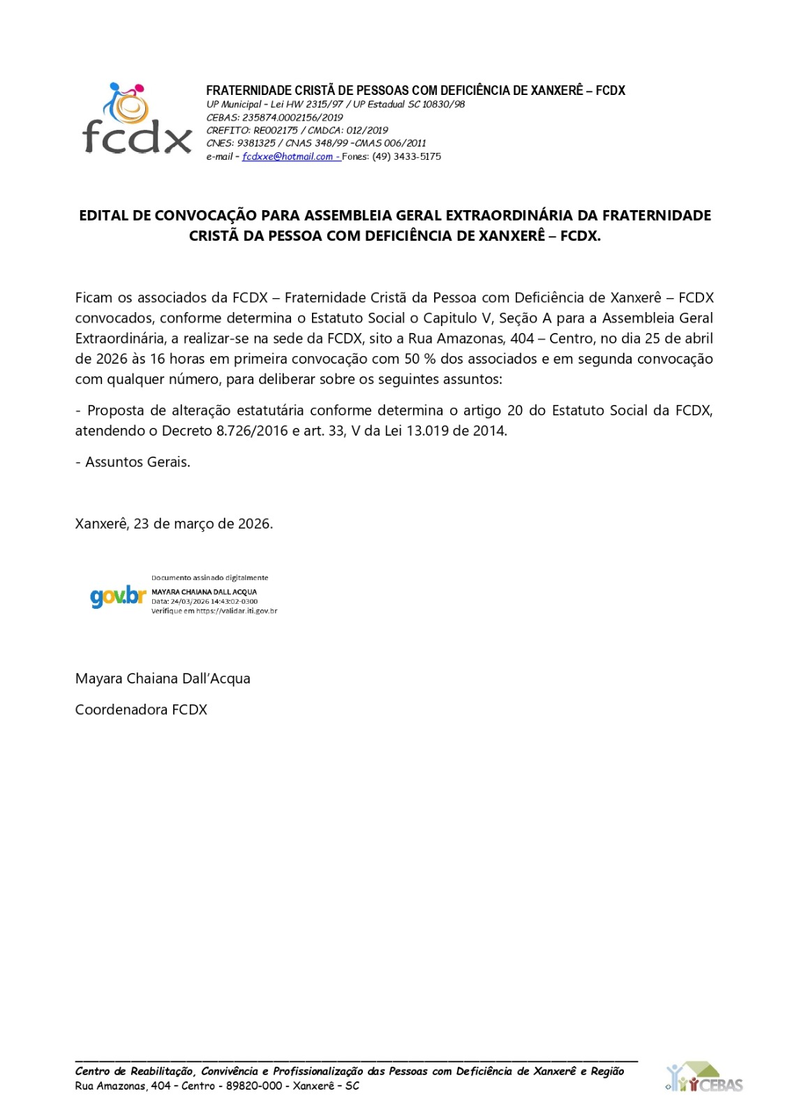 Edital de Convocação — Assembleia Geral Extraordinária