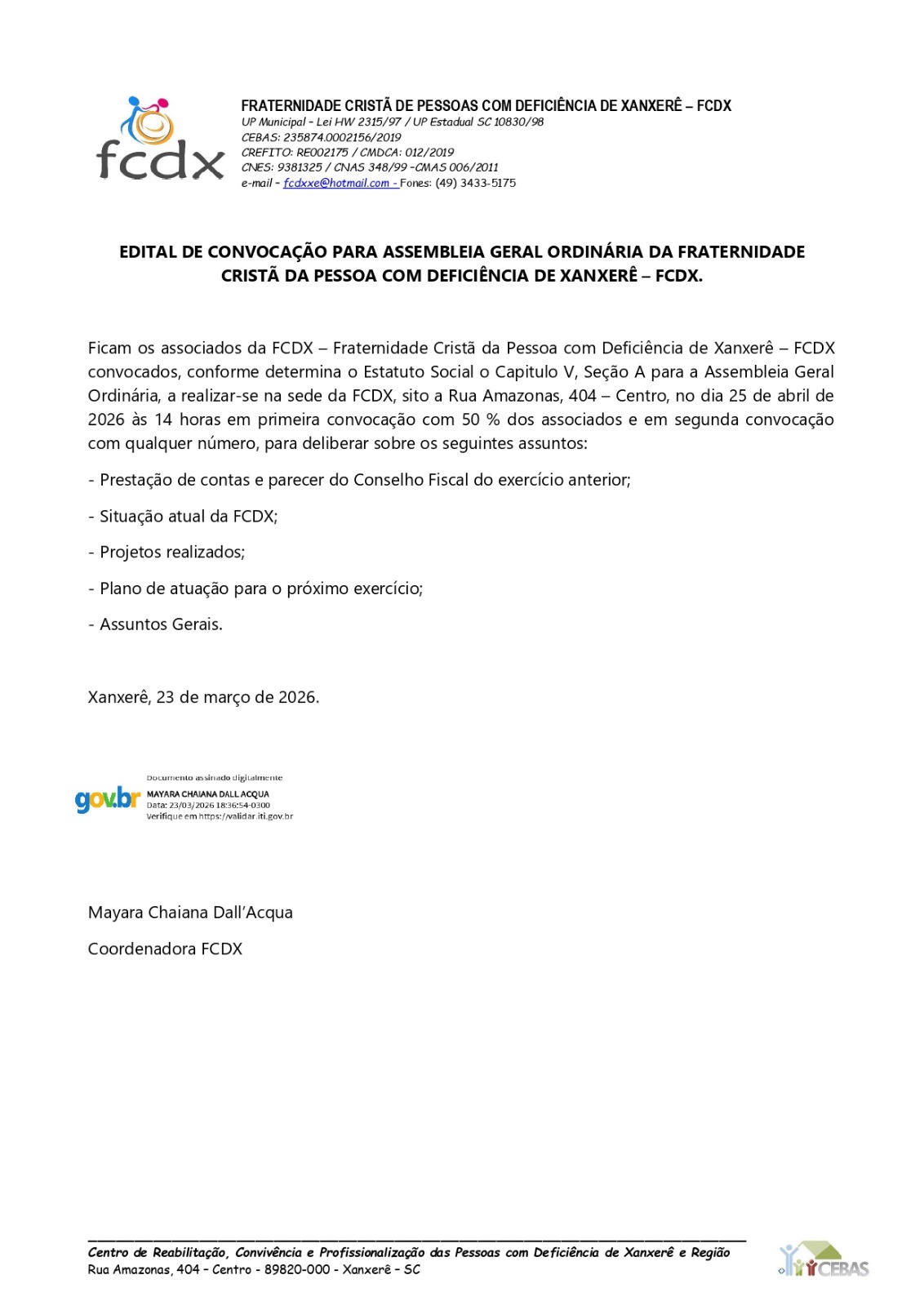 Edital de Convocação — Assembleia Geral Ordinária